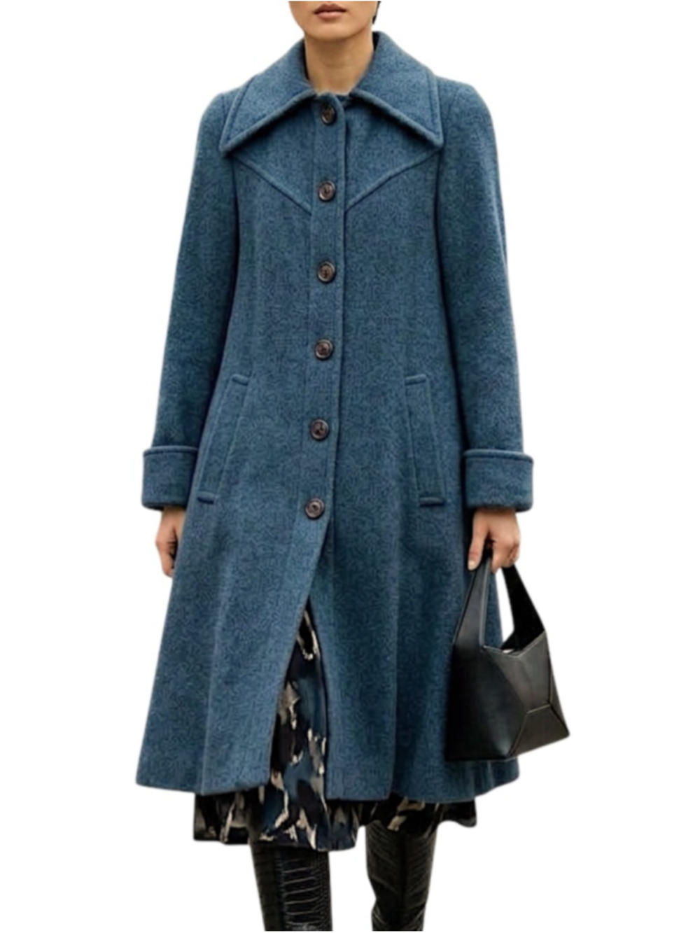 Vintage 70s wool blend blue midi a-line dagger collar swing coat 9